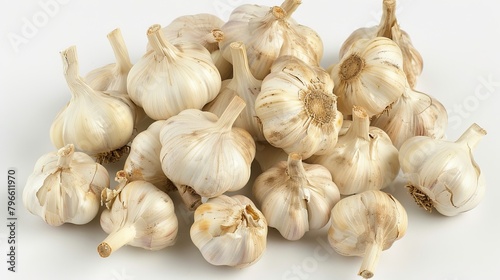 Top view of fresh garlic bulbs, emphasizing the allicin compound, associated with immune and heart health benefits, on an isolated background, studio lighting