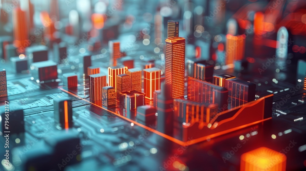 A circuit board with a 3D rendering of a city built on top of it. A circuit board with a 3D rendering of a city built on top of it.