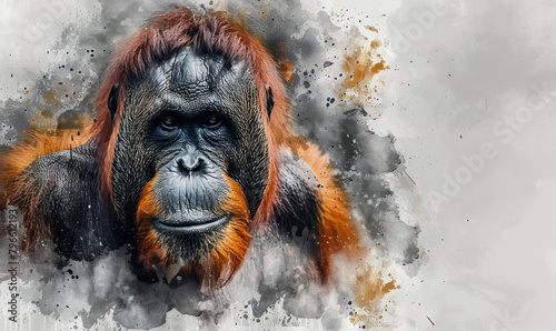 artistic bornean orangutan face with detailed brush strokes for national endangered species animal promotion photo