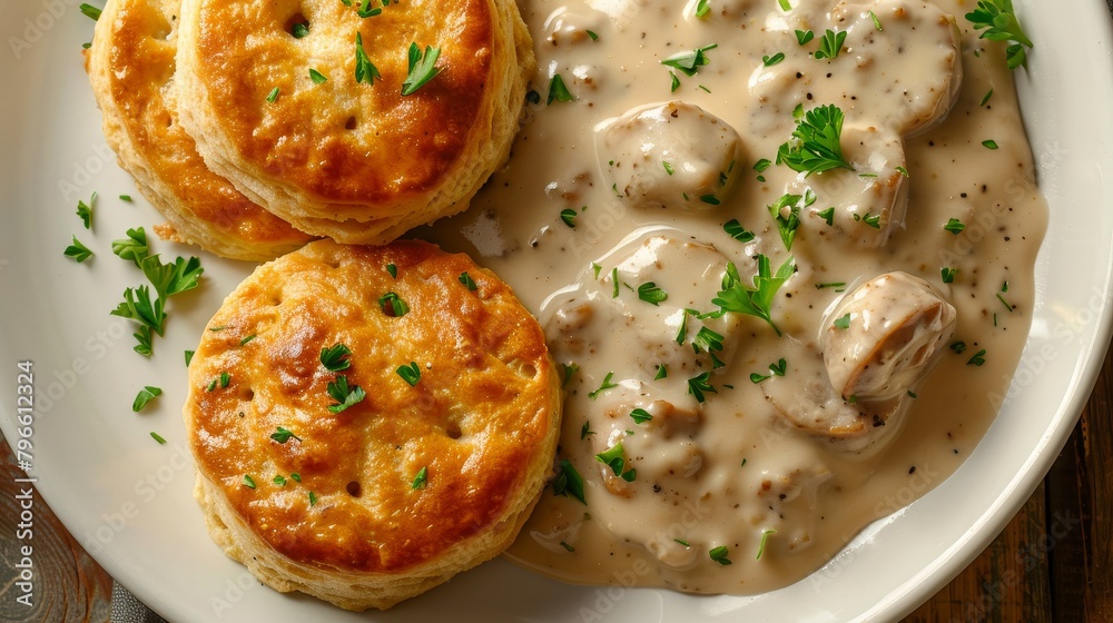 Top view of a heart-healthy Biscuits and Sausage Gravy meal, with whole wheat biscuits, chicken sausage, and gravy from reduced-fat milk, isolated background Top view of a heart-healthy Biscuits and Sausage Gravy meal, with whole wheat biscuits, chicken sausage, and gravy from reduced-fat milk, isolated background
