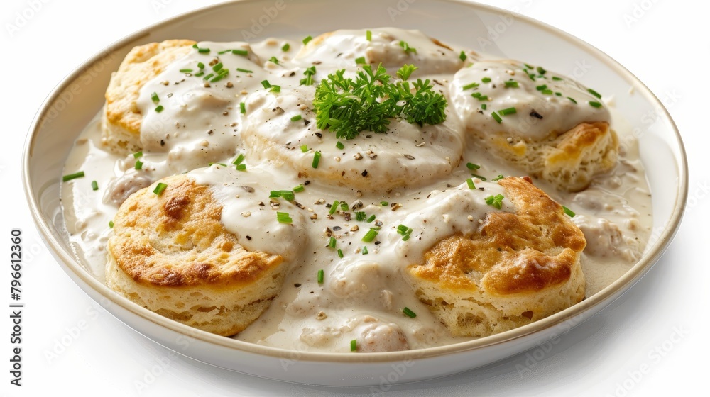 Top view of a heart-healthy Biscuits and Sausage Gravy meal, with whole wheat biscuits, chicken sausage, and gravy from reduced-fat milk, isolated background Top view of a heart-healthy Biscuits and Sausage Gravy meal, with whole wheat biscuits, chicken sausage, and gravy from reduced-fat milk, isolated background