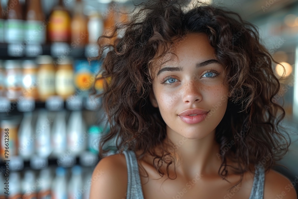 Fototapeta premium A striking portrait of a young woman with curly hair and captivating eyes in a supermarket