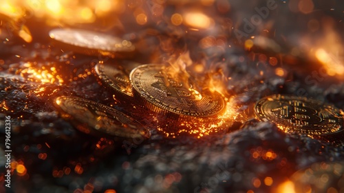 A close up of a pile of Bitcoin crypto currency coins on fire.