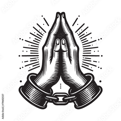 Hands in shackles folded in prayer. Vintage black engraving illustration. Monochrome vector icon. Isolated and cut out 
