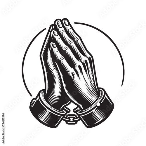 Hands in shackles folded in prayer. Vintage black engraving illustration. Monochrome vector icon. Isolated and cut out 
