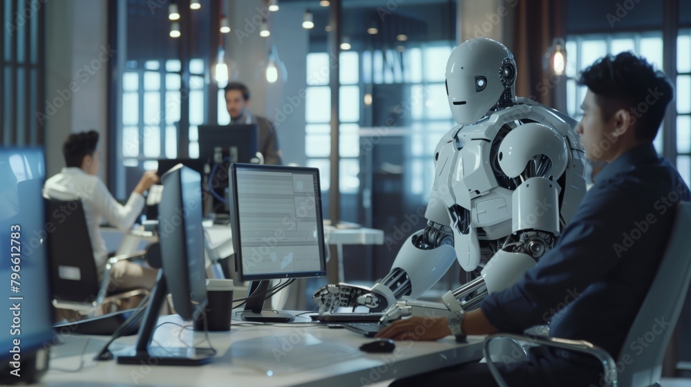 A humanoid robot sits among human colleagues in a modern office, interacting using a computer. A humanoid robot sits among human colleagues in a modern office, interacting using a computer.