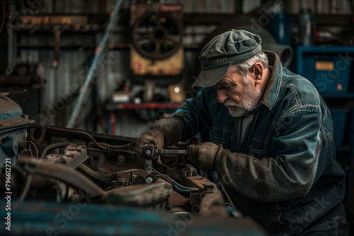authentic portrayal of a seasoned mechanic working on a vehicle part in the garage, showcasing the hands-on approach and technical proficiency essential in the automotive industry, photo