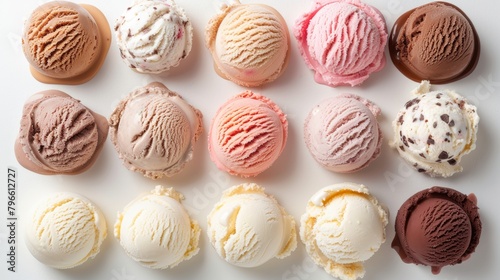 Top view of assorted low-fat ice creams including frozen yogurt and sorbet, fewer sugars, natural ingredients, enjoyed as a treat, isolated background photo