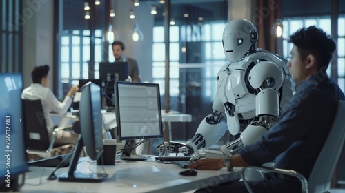 A humanoid robot sits among human colleagues in a modern office, interacting using a computer.