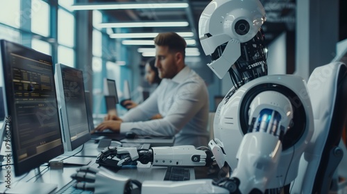 A futuristic scene in an office with a robot working alongside human colleagues.