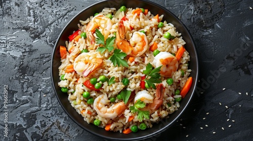 Top view culinary shot of brown rice fried rice enriched with bell peppers, peas, carrots, and shrimp, cooked in a splash of sesame oil, ideal for health ads, isolated
