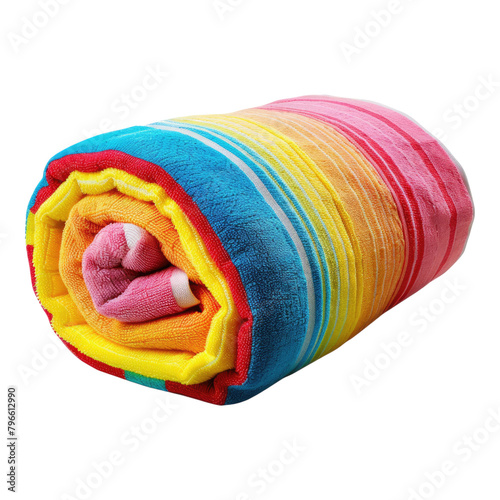 Vibrant bright rolled beach towel isolated on transparent background