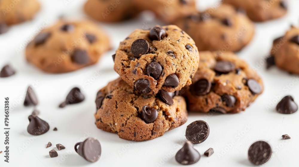 Tempting display of almond flour chocolate chip cookies, enhanced with high antioxidant dark chocolate chips, sugar reduced, isolated, studio light Tempting display of almond flour chocolate chip cookies, enhanced with high antioxidant dark chocolate chips, sugar reduced, isolated, studio light