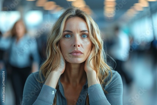A blonde woman with a serious expression and blue eyes rests her head on her hands, amidst a blurred background