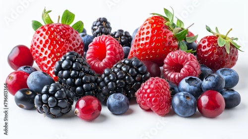 Nutritious assortment of berries featuring strawberries, blueberries, raspberries, blackberries, and cranberries, vivid and fresh, isolated on white, studio lighting
