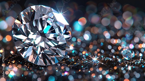 Beautiful diamond on bokeh background with blue light reflections in style gemstone. photo