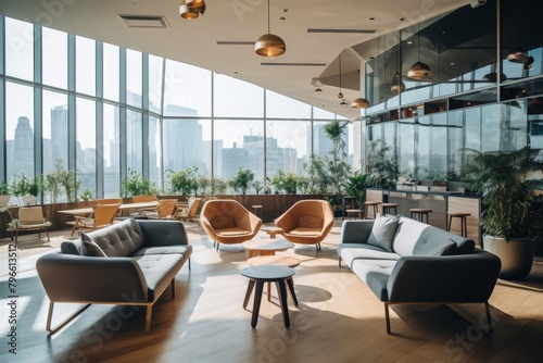 A Vibrant and Modern Coworking Lounge with a Panoramic City View, Featuring Comfortable Seating, Natural Light, and Innovative Design Elements