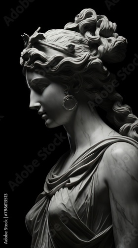 Monochrome greek marble sculpture statue black art.