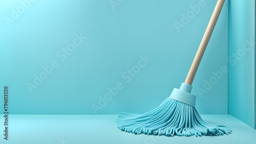 A blue mop with a wooden handle is leaning against a wall photo