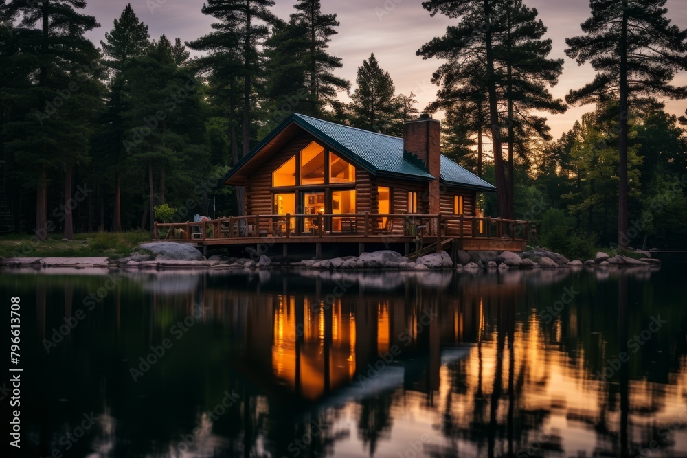 A Serene Summer Evening at a Lakeside Cabin, Nestled Amongst Towering Pines, Reflecting on the Calm Waters A Serene Summer Evening at a Lakeside Cabin, Nestled Amongst Towering Pines, Reflecting on the Calm Waters
