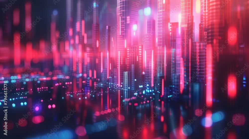 A digital city with skyscrapers made of glowing pink and blue lines. A digital city with skyscrapers made of glowing pink and blue lines.