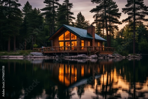 A Serene Summer Evening at a Lakeside Cabin, Nestled Amongst Towering Pines, Reflecting on the Calm Waters