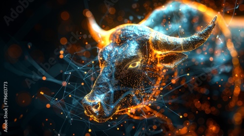 A digital bull made of glowing particles.