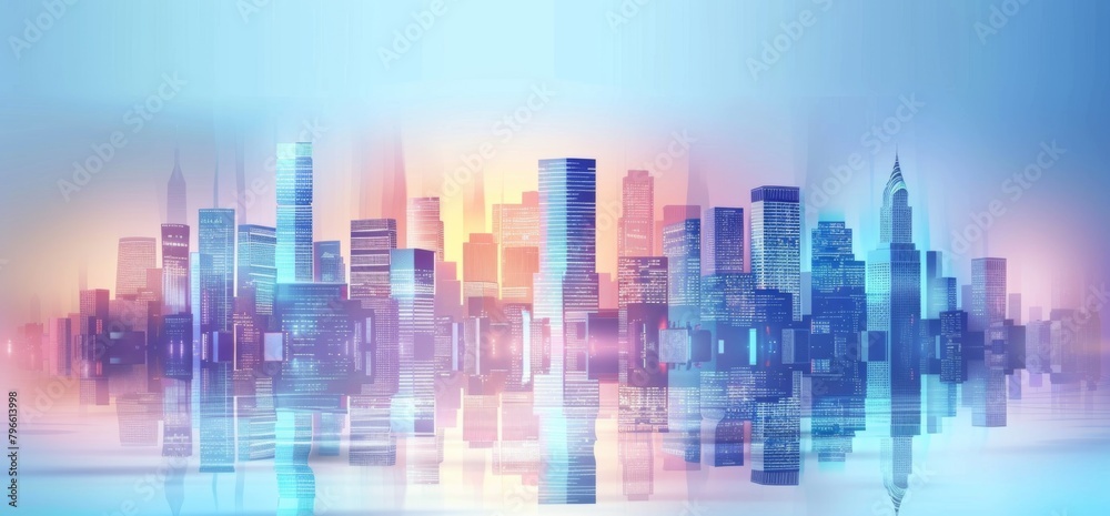 abstract background with glass buildings and skyscrapers, cityscape with a blue color gradient