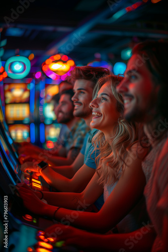 A group of people are playing a game of slot machines, with one woman smiling. Vacation concept