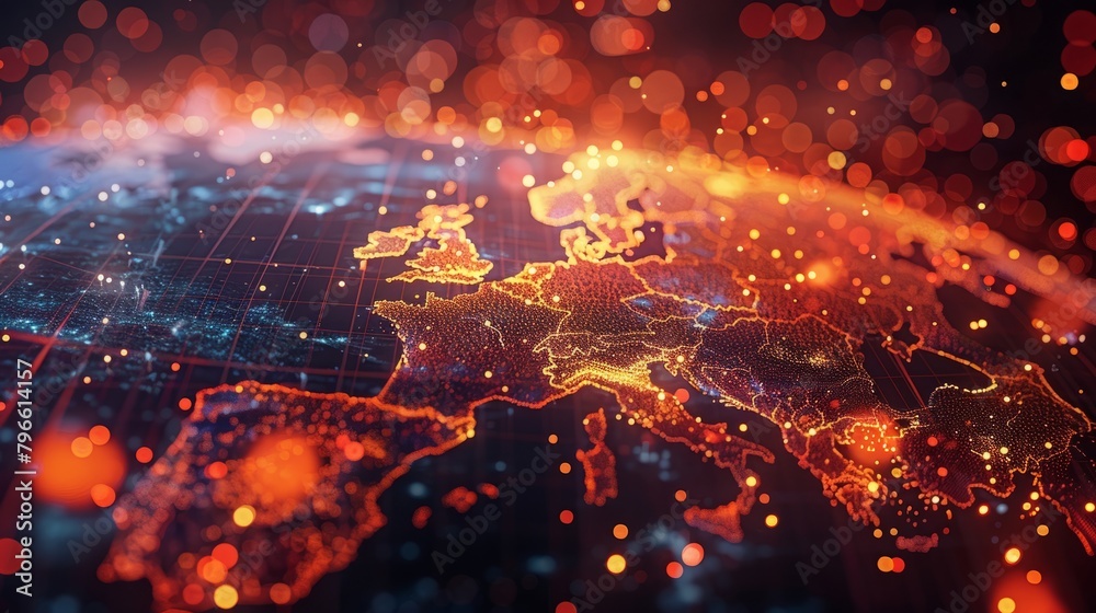 A digital painting of a map of Europe made of glowing particles.