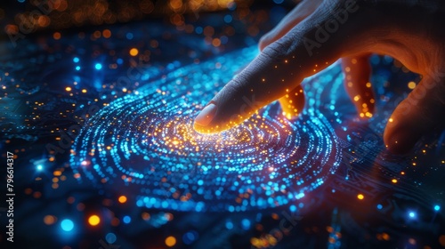A fingertip touching a glowing blue and orange digital interface.