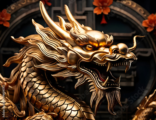 Golden Chinese dragon statue against chinese traditional architeture and flowers. 2024 Chinese animal. In 3d style. photo
