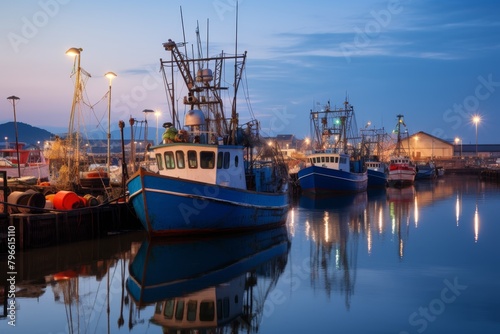 A Bustling Commercial Fishery by the Harbor at Dawn, with Fishing Boats Docked and Workers Preparing for the Day's Catch © aicandy