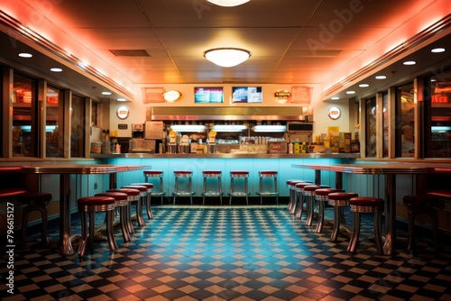 A Vintage Local Diner Serving Classic Comfort Food, Illuminated by Neon Lights with Retro Bar Stools and Checkered Floor Tiles