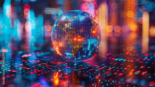 A glowing blue and red globe on a surface with a background of blurred lights.