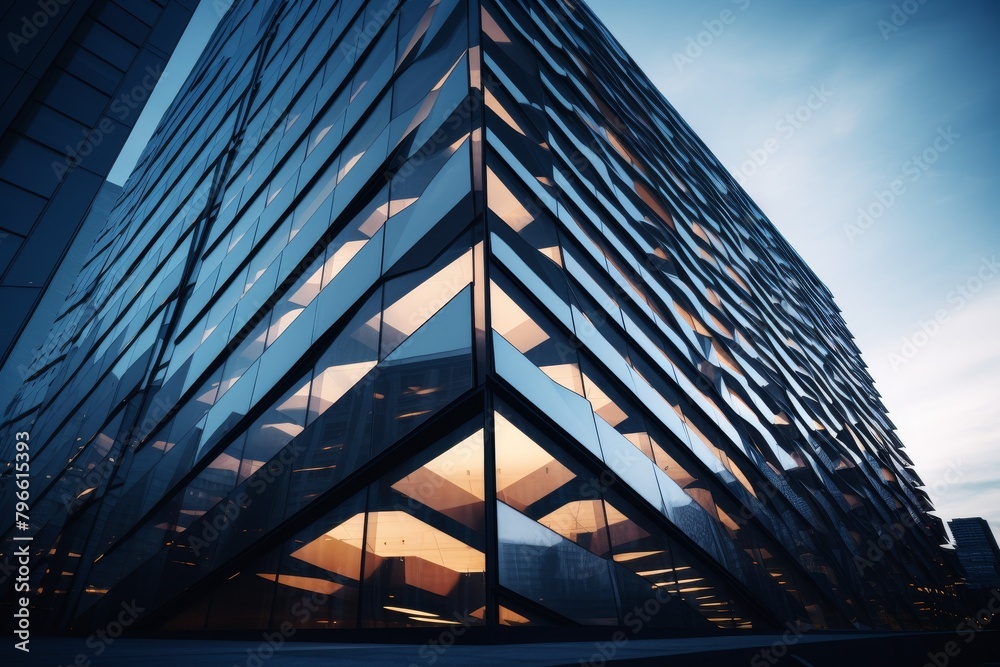 A Modern Architectural Marvel: Zigzag Patterned Skyscraper with Tinted Windows Reflecting the Cityscape Below A Modern Architectural Marvel: Zigzag Patterned Skyscraper with Tinted Windows Reflecting the Cityscape Below