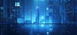 Blue glass building background, city skyline, abstract technology and business concept design with futuristic buildings