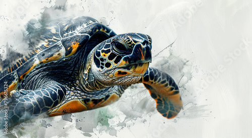 detailed hawksbill turtle graphic with watercolor splash effect for endangered marine species awareness photo