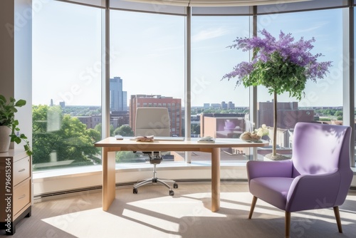 A Lavender Private Office Suite with Modern Furniture, Large Windows Overlooking the City, and Decorative Plants