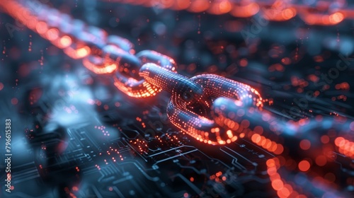 A glowing orange blockchain over a blue circuit board. photo