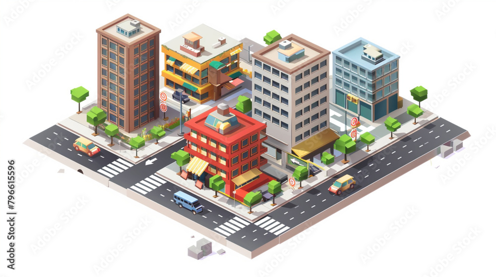 Obraz premium 3d stylized model of city, isometric view, game art, isolated on white