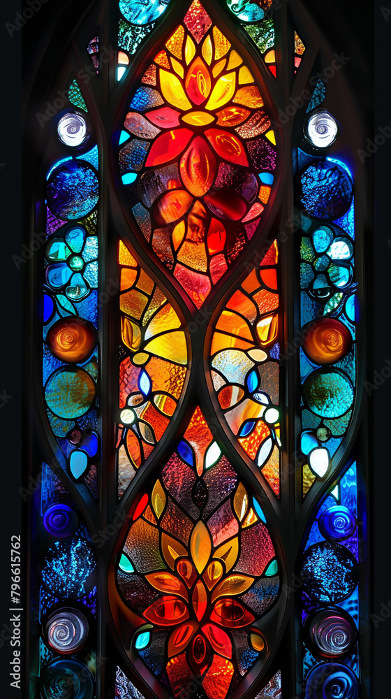 Hyper-realistic close-up of a church stained glass window, with vibrant ...