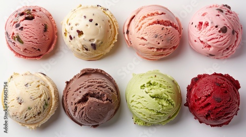 Inviting top view of non-dairy ice cream options like sorbet, emphasizing natural flavorings, less sugar, perfect for a light dessert, isolated background