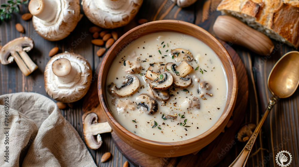 top view of cream mushroom soup on the table, food stylish top view of cream mushroom soup on the table, food stylish