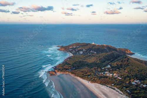 Picturesque view of the city near the ocean at morning sunrise. Tourism. Byron Bay Australia.
