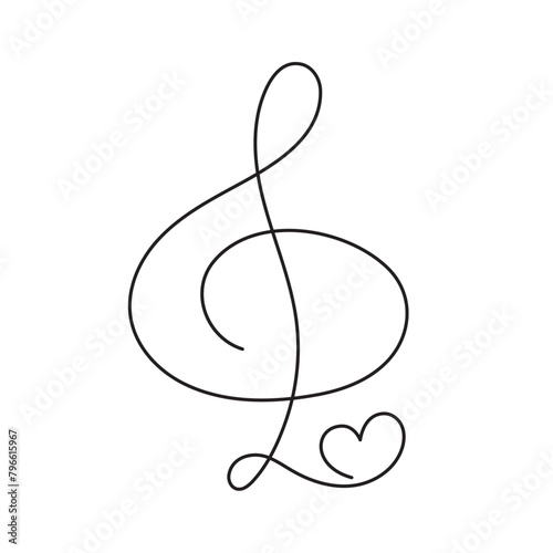 Treble clef and heart one line art animation,hand drawn continuous contour drawing motion outline.Love music composition concept,romantic song Valentines day February 14 video.4k self-drawing movie