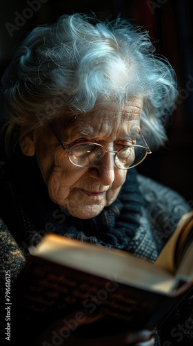 Elderly person engaged in reading activity - Captured in a serene setting, an elderly person is concentrated on reading, lightly illuminated by soft light