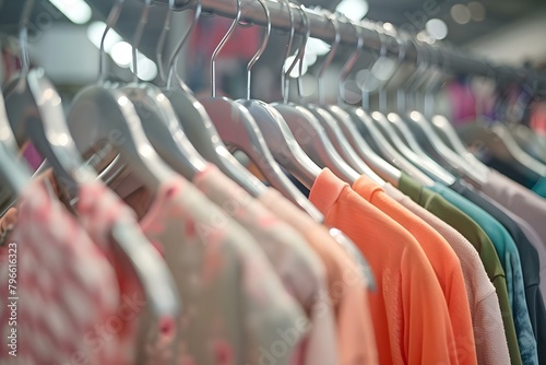 Display of Women's Clothing Hangers in a Fashion Store for Sale. Concept Fashion Store Display, Women's Clothing, Hangers, Sale Items, Retail Marketing