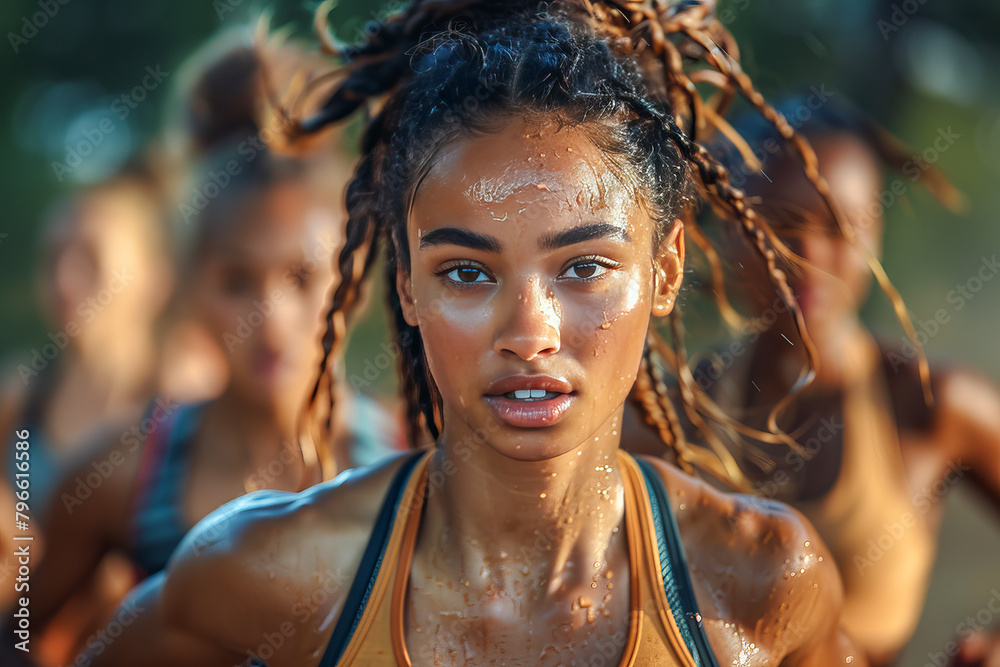 Close-up of a focused woman with sweat on her face during a demanding outdoor training session Close-up of a focused woman with sweat on her face during a demanding outdoor training session