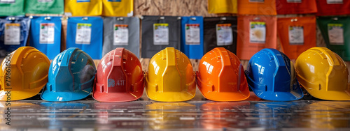 Detailed view of a safety helmet with visible scratches and dents, placed on a workbench, with tools and blueprints in the background, high-resolution photo